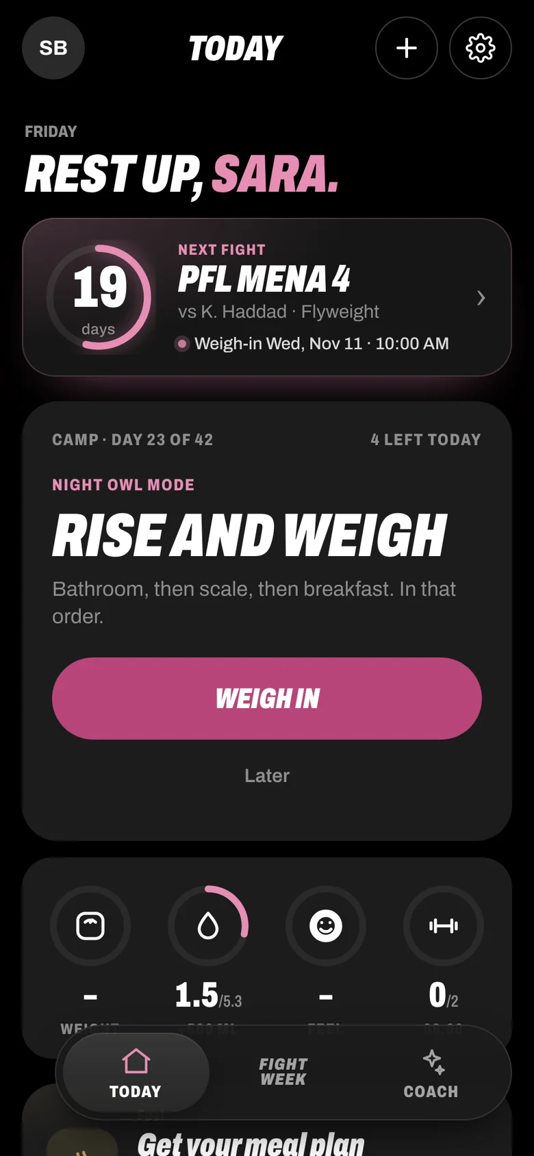 Her Today: the same ring countdown and log circles, in her colours